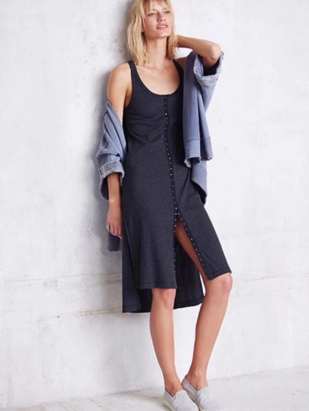 Free People Drop Needle Ribbed Venice Hook Front Dress in Dark Grey